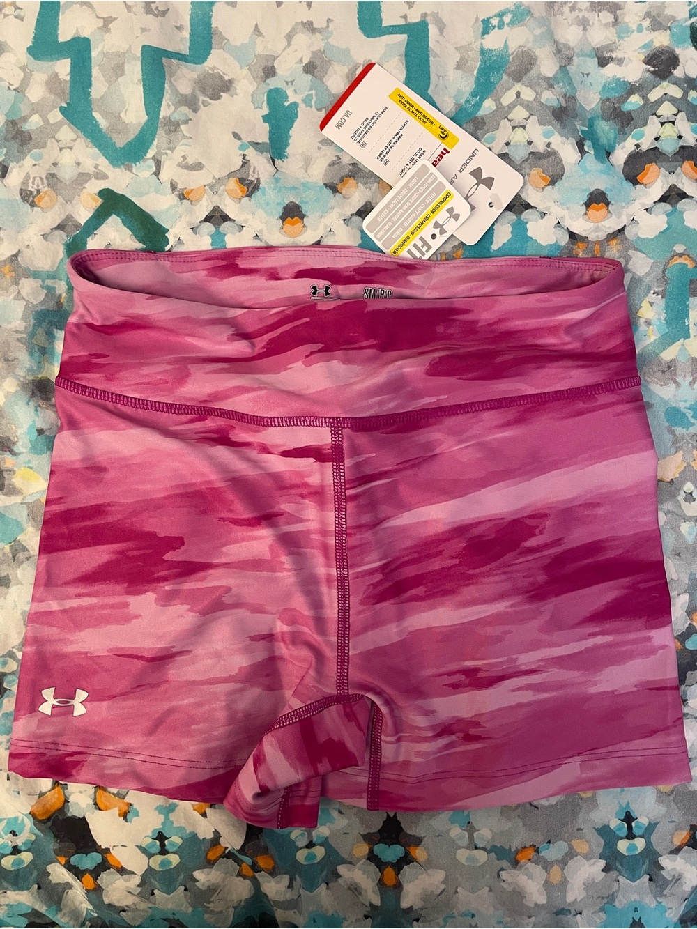 NWT Under Armour Women Pink Camo Compression Bike Shorts Gym Sz Small S
